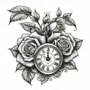 two roses and a clock in the middle that has the year 2021 in Roman numerals tattoo design idea