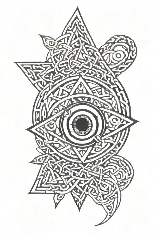 evil eye surrounded Celtic knotwork intertwined tattoo design idea