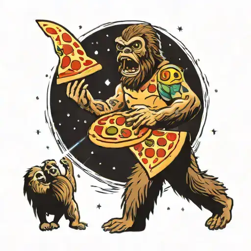 pizza in space being eaten by a Bigfoot alien tattoo design idea