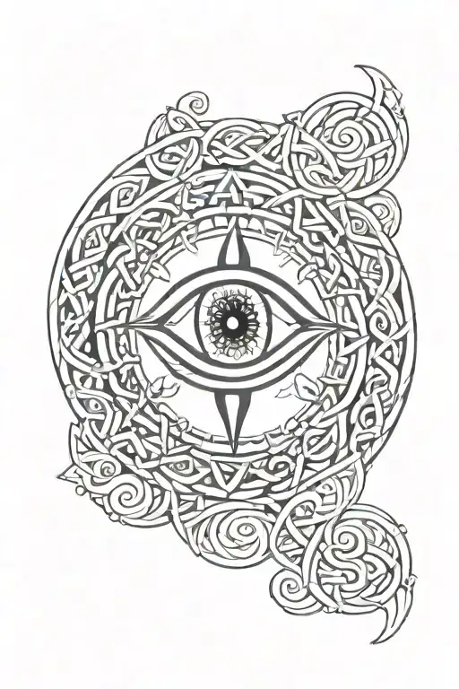 evil eye surrounded Celtic knotwork intertwined tattoo design idea