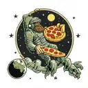 pizza in space being eaten by a Bigfoot alien tattoo design idea