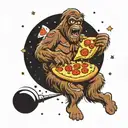 pizza in space being eaten by a Bigfoot alien tattoo design idea