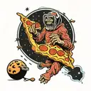 pizza in space being eaten by a Bigfoot alien tattoo design idea