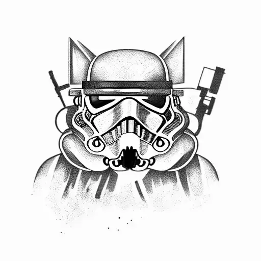 aggressive stormtrooper-cat holding a gun and smiling creepy  tattoo design idea