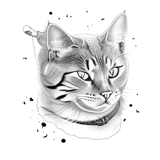 aggressive cat holding a gun and smiling creepy  tattoo design idea