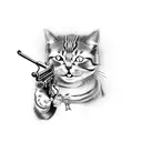 aggressive cat holding a gun and smiling creepy  tattoo design idea
