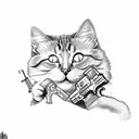 cat holding a gun and smiling creepy  tattoo design idea