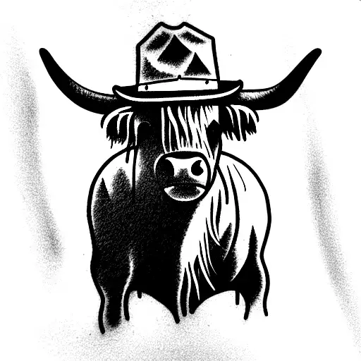 highland cow with cowboy hat tattoo design idea