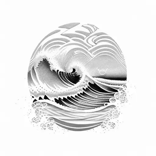 A dotwork tattoo of a Polynesian-inspired landscape with 3D waves crashing against rocks tattoo design idea