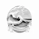 A dotwork tattoo of a Polynesian-inspired landscape with 3D waves crashing against rocks tattoo design idea