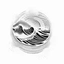 A dotwork tattoo of a Polynesian-inspired landscape with 3D waves crashing against rocks tattoo design idea