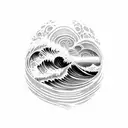 A dotwork tattoo of a Polynesian-inspired landscape with 3D waves crashing against rocks tattoo design idea