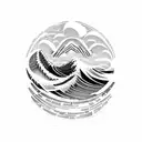 A dotwork tattoo of a Polynesian-inspired landscape with 3D waves crashing against rocks tattoo design idea