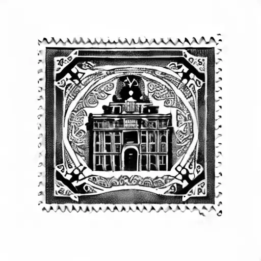 post stamp of a building in madrid, spain, with writing espana  tattoo design idea