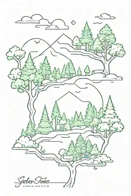 A new-school tattoo of a forest landscape with hidden video game references like power-ups and characters peeking out from behind trees tattoo design idea