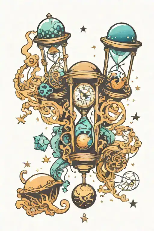 earthy hourglass with jellyfish and stars and planets and music tattoo design idea