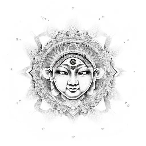 Intricate mandala with a serene face at the center symbolizing nirvana tattoo design idea