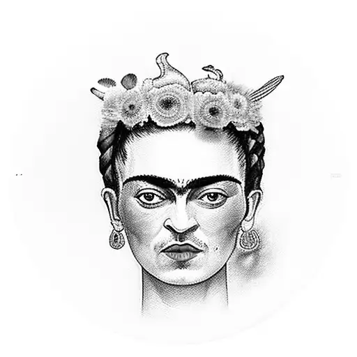 frida kahlo face and FACE OF PULCINELLA, the ocean and a clock, albatross bird. With one green eye and one brown eye. tattoo design idea