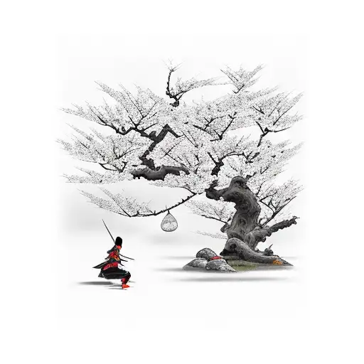 Samurai and Ninja under cherry blossom tree tattoo design idea