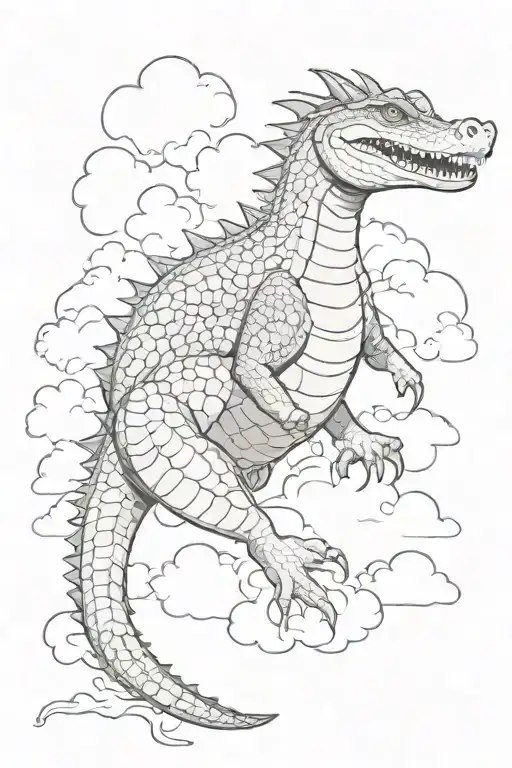 crocodile with a dragon style long body, curled around clouds tattoo design idea