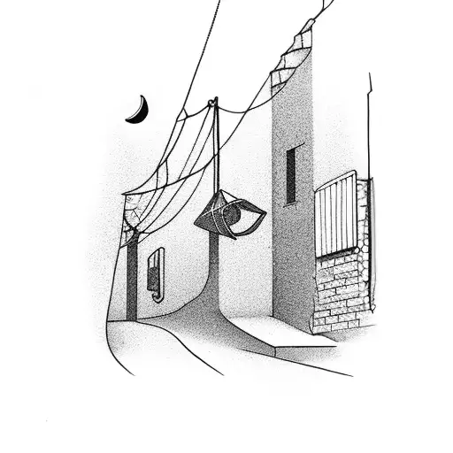 A minimalist alleyway at night with a crescent moon overhead tattoo design idea