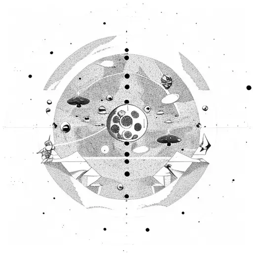 An astronaut walking on a path made of constellations, surrounded by planets and moons tattoo design idea