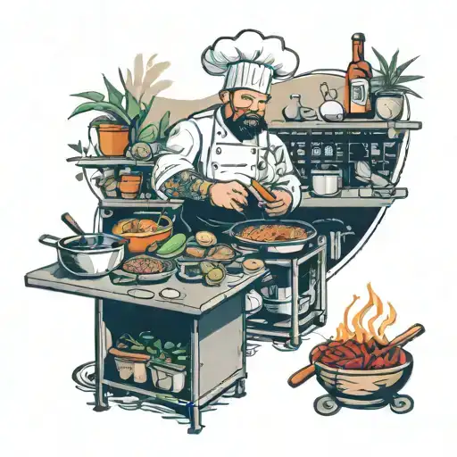 A dreamy scene of a chef cooking in a foreign kitchen, surrounded by exotic spices and ingredients from their travels tattoo design idea