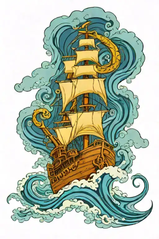 kraken taking down a ship sailing through stormy ocean  tattoo design idea