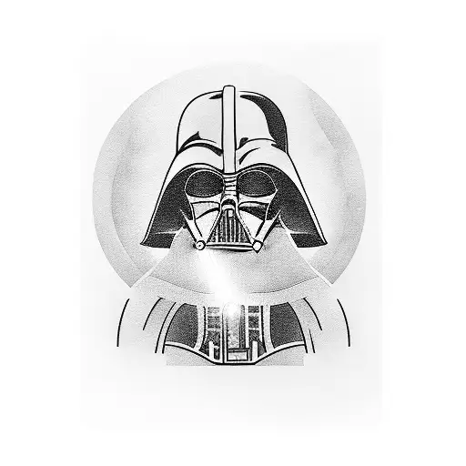 A blackwork tattoo of Darth Vader holding a lightsaber with a silhouette of a dog in the background tattoo design idea