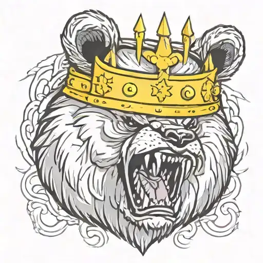 Create a new school-style tattoo sketch, a huge bear with a crown on its head, growling and showing its sharp teeth. The tattoo design idea