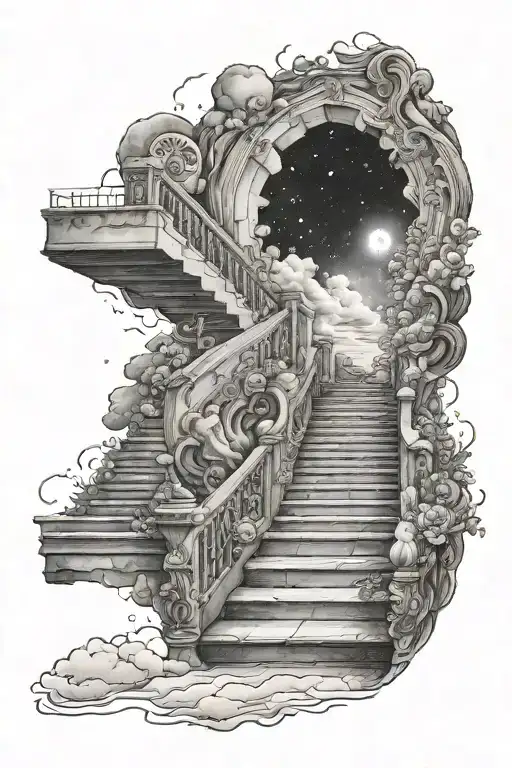 stairs going into heaven opening her coat with galaxies tattoo design idea
