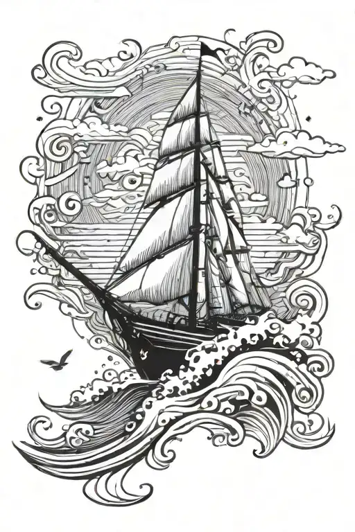 A luxury yacht sailing through a stormy sea with music notes in the sky tattoo design idea
