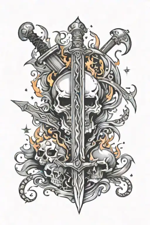 Sword in flame with skulls in flame and stars around  tattoo design idea