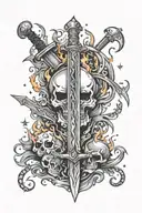 Sword in flame with skulls in flame and stars around  tattoo design idea
