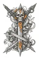Sword in flame with skulls in flame and stars around  tattoo design idea
