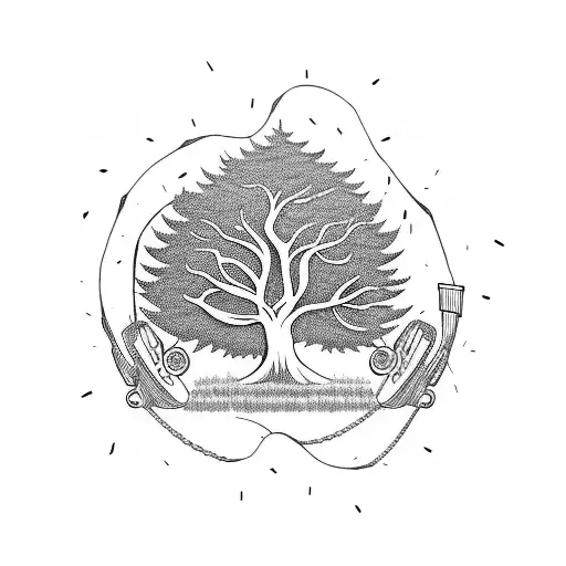 A tree made of chainsaws playing music tattoo design idea