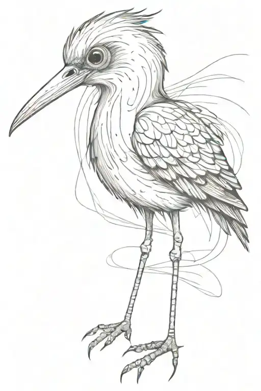odd bird with long legs and long neck and body, minimal shading, cartoon, multiple eyes or legs, anatomically inaccurate tattoo design idea