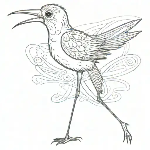 odd looking bird with long legs and long neck, minimal shading, cartoonish look, can have multiple eyes or legs, lumpy tattoo design idea