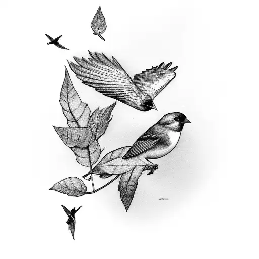 birds, one sit and other flying with some leafs tattoo design idea