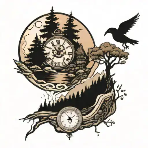 creek, path, moon, mountains, trees, clock tattoo design idea