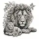 A lion and lamb peacefully coexisting in a garden setting, representing the harmony and unity found in Christian beliefs tattoo design idea