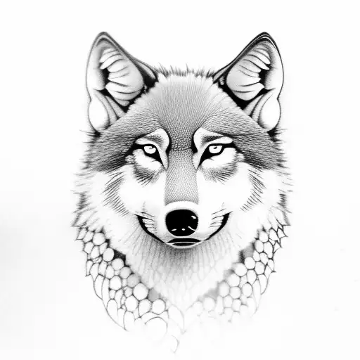 half face of a wolf and a women skull with long hair, with a snake wrap around the neck tattoo design idea