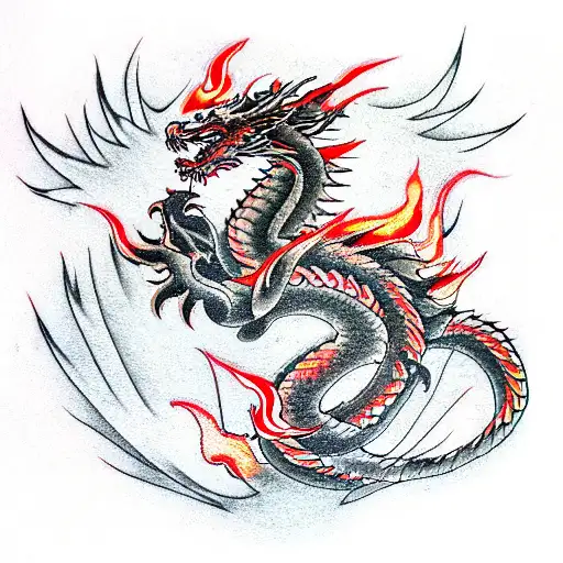 Dragon with flames, wisdom tattoo design idea