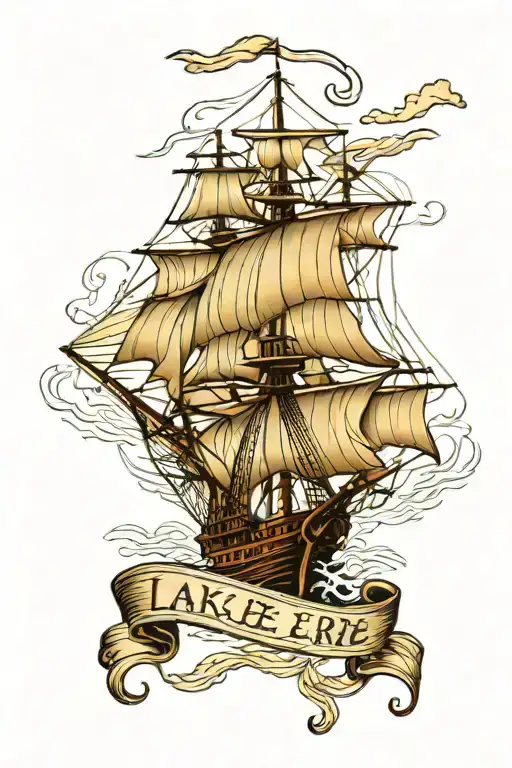 american traditional tatto tall ship  in a rope border text that says LAKE ERIE ON BOTTOM tattoo design idea