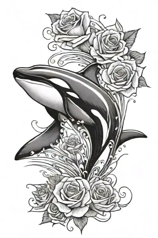 killer whale swimming with roses blooming tattoo design idea