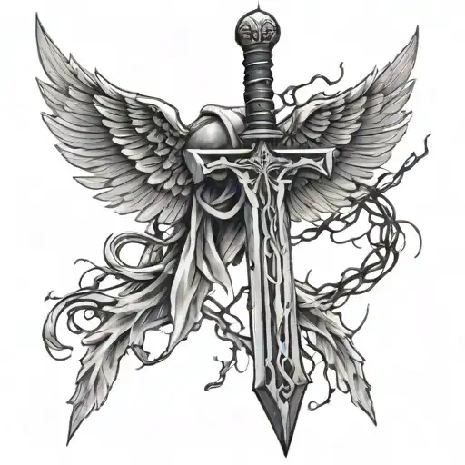 open angel wings and a giant sword covered in lightning tattoo design idea