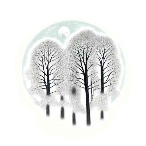 jungle, birds, slim trees, moon, green tattoo design idea