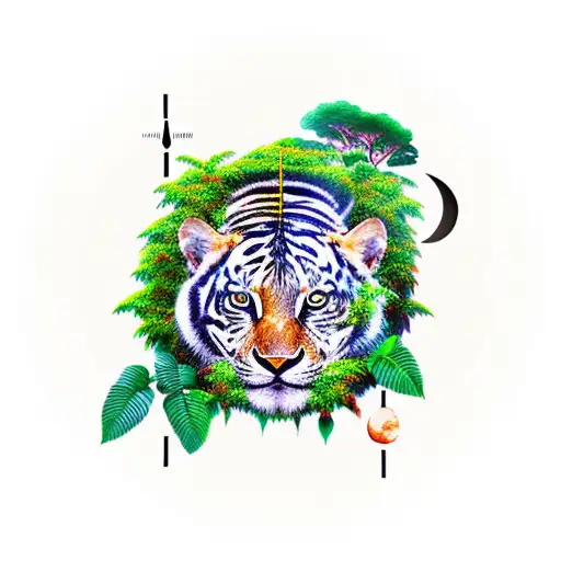 jungle, birds, slim trees, moon, green, clock, roar and silent tattoo design idea