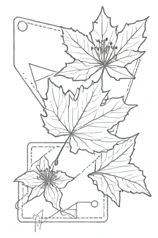 maple leaf with world map and paper airplane and luggage tag and tiger lily tattoo design idea