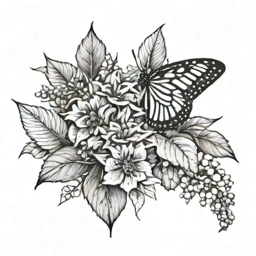 butterfly fly around Maurijuanna plant next to lips like kissed tattoo design idea